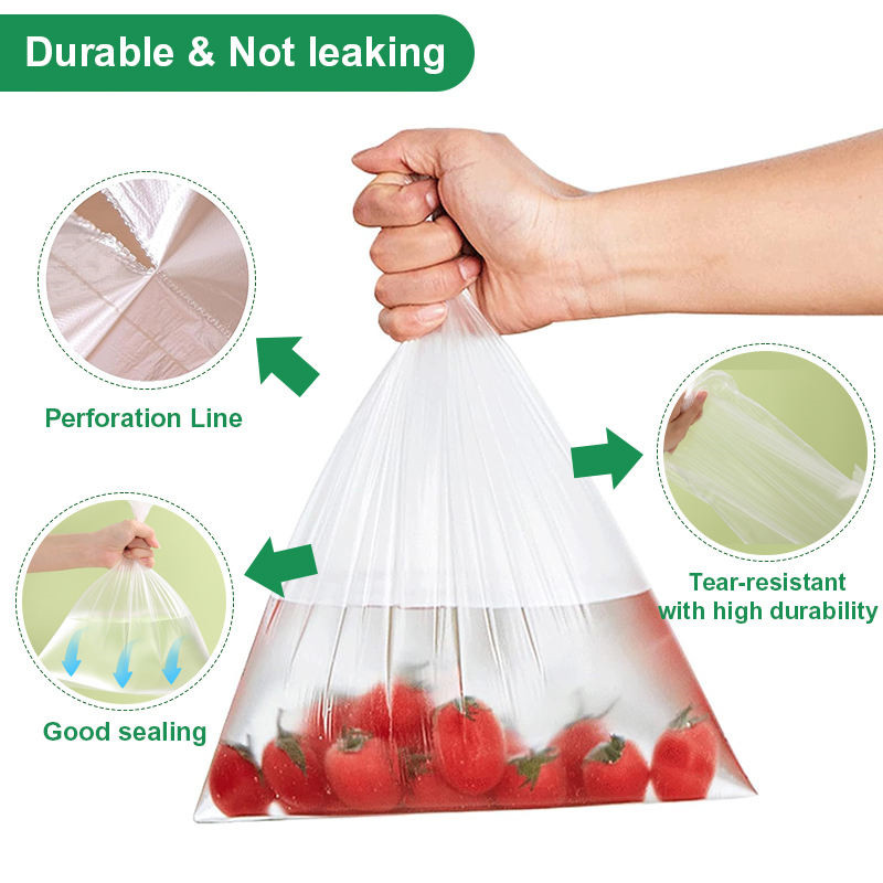 Easy-tear perforation on clear flat mouth produce bag roll Easy-tear perforation on clear flat mouth produce bag roll